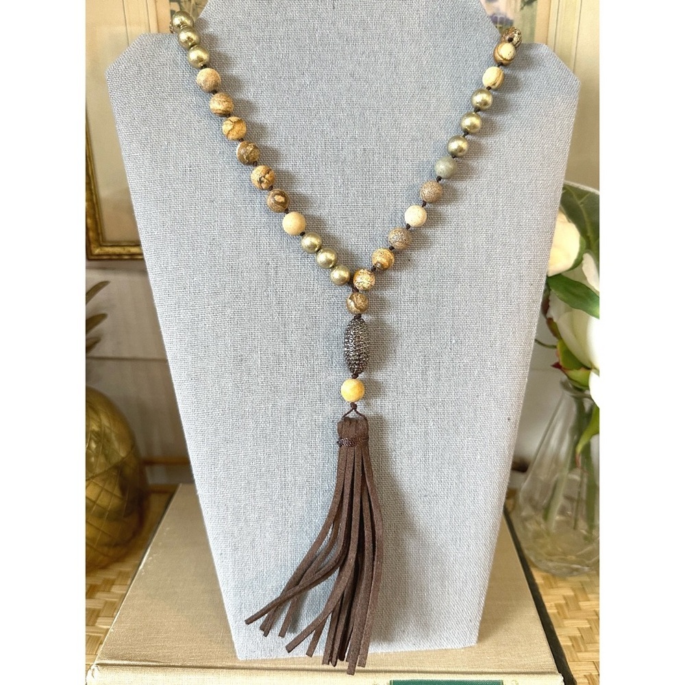 Marlyn Schiff beaded necklace suede tassel, gold tone beads semi precious stone